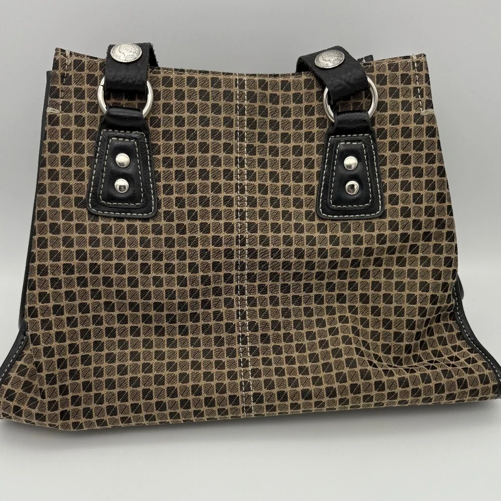 Nine & Co Satchel with Brown/Tan Checkered Pattern and Brown Leather Trim/Handle - Picture 6 of 16